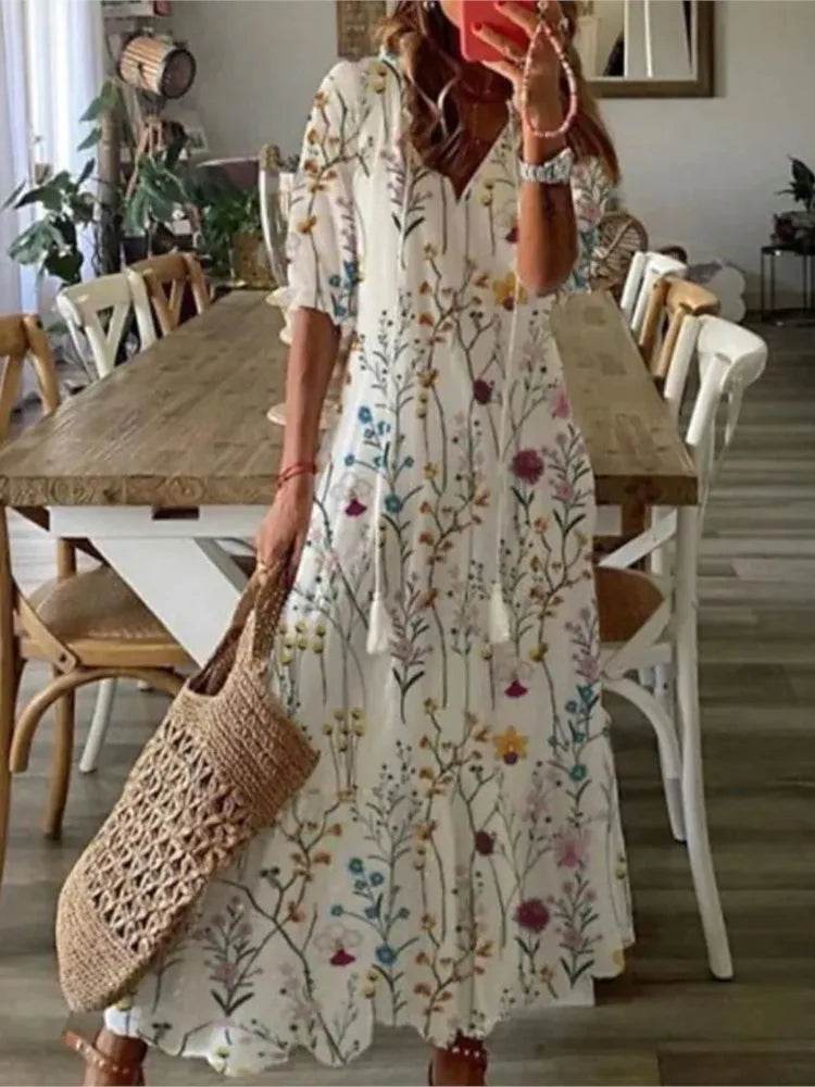 New Women's Spring Summer Dress Sexy V-neck Drawstring Printed Long-sleeved Dress Casual Loose Fashion Elegant Fresh Sweet Dress - AIAZ