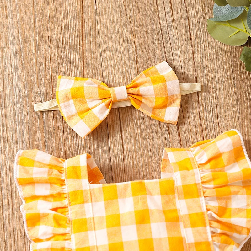 Newborn Baby Girl Bubble Cotton Plaid Flying Sleeve Climbing Suit With Buttocks+Headwear