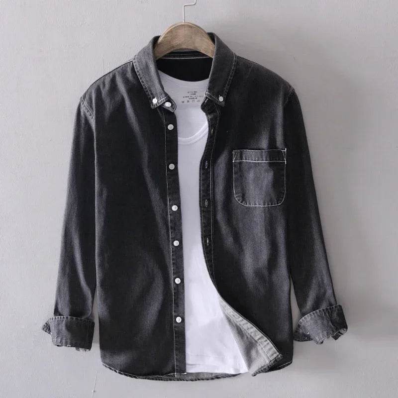 100% Cotton Autumn New Long-sleeved Denim Shirt Men Fashion Casual High Street Male Clothes Top Classic Light Blue Black Gray - AIAZ