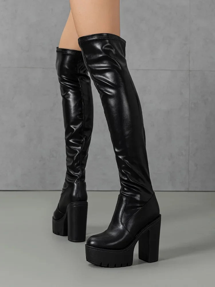 Eilyken Winter Soft Leather Women Over The Knee Boots Fashion Round Toe Square Platform Heels Shoes Sexy Long Booties