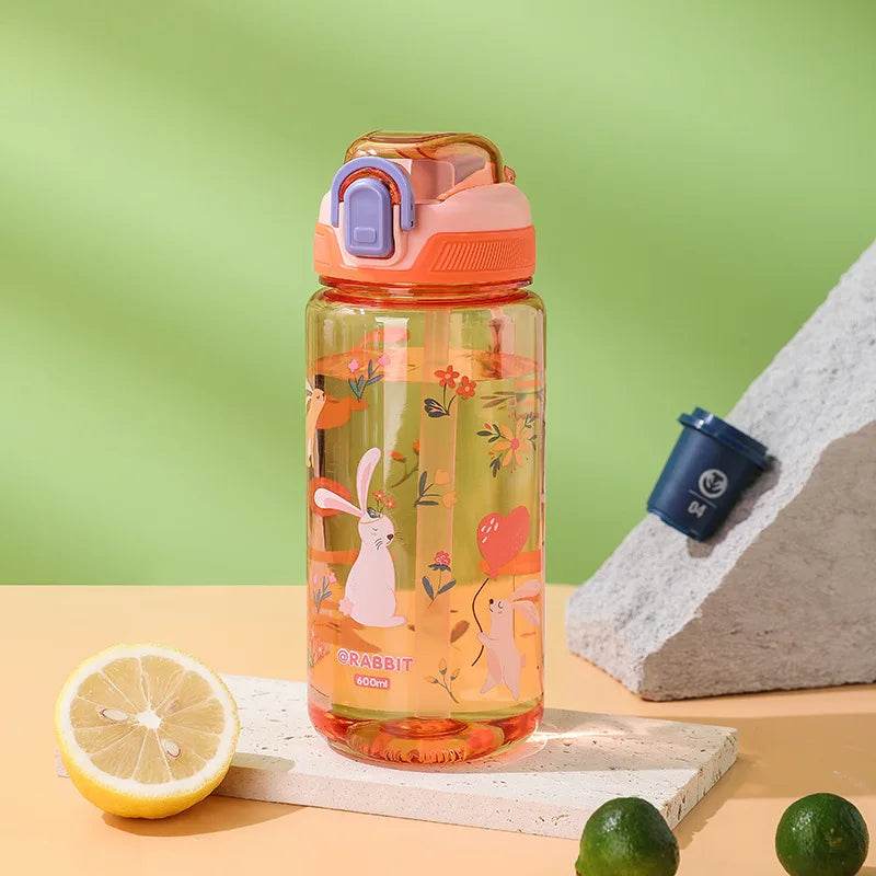 600ml Cartoon Animal Water Bottle Portable Safety Lock Cute Straw Cup Kids Leak-proof Drinking Jug For Outdoor Camping Travel - AIAZ