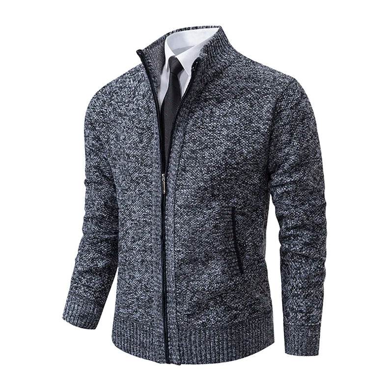 Autumn And Winter New Jersey Men's Casual Sports Coat Solid Color Stand Collar Wweater Grab Fleece Warm Zipper Cardigan - AIAZ