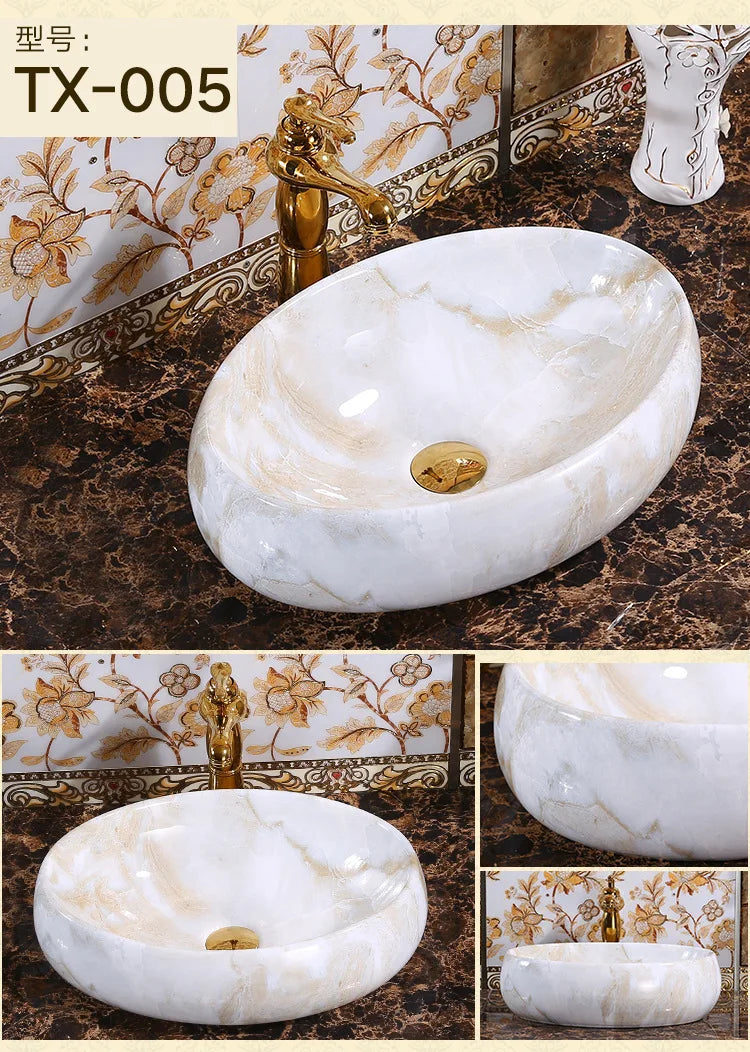 Marble Pattern Oval Bathroom Sink Home Stylish and Simple Ceramic Washbasin Hotel Balcony Countertop Art Basin for Washroom