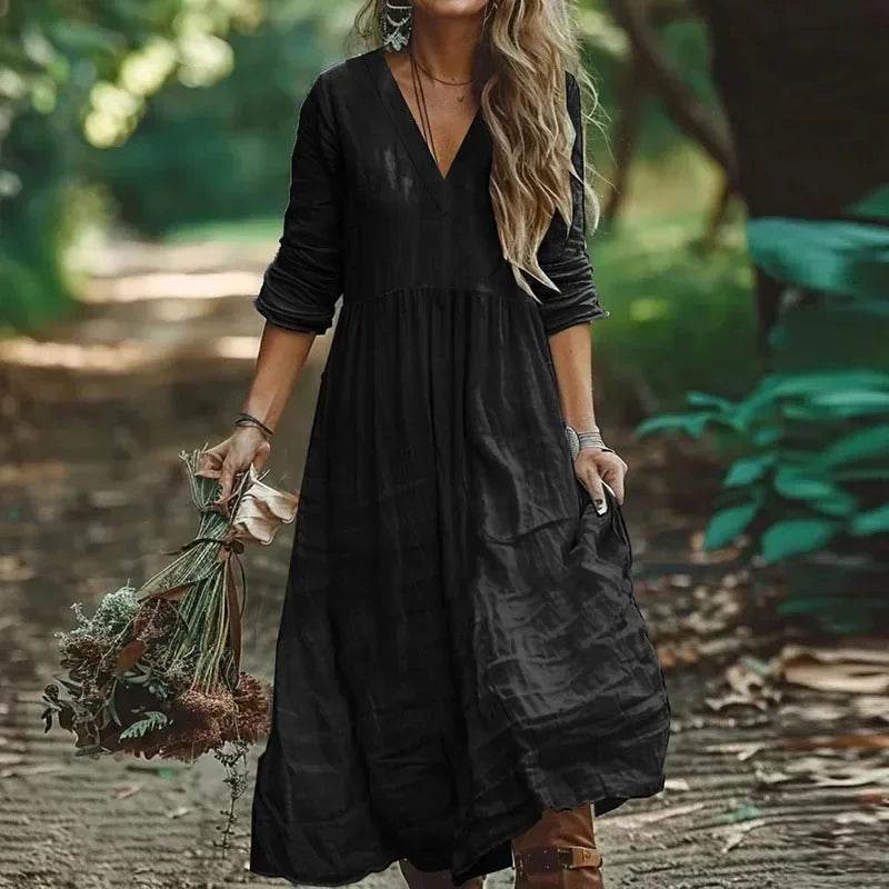 New Cotton Linen Loose Long Dresses For Women Spring Autumn New Casual Long Sleeve V Neck Maxi Dress Women Holiday Party Dress - AIAZ