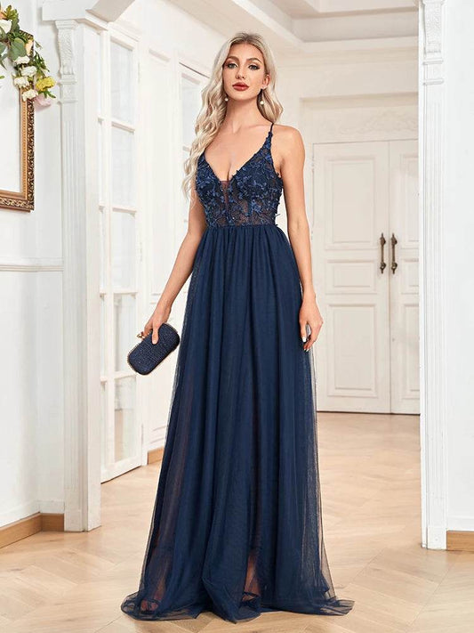 Lucyinlove Elegant Sexy Deep V-Neck Navy Tulle Evening Dresses Women Backless Party Maxi Long Prom Cocktail Gowns - AIAZ