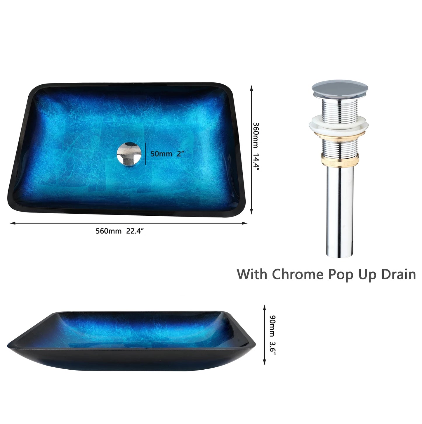 ZAPPO Tempered Glass Bathroom Vessel Sink with Waterfall Black Faucet Tap Bathroom Oval Blue Vessel Sinks Above Counter Basin