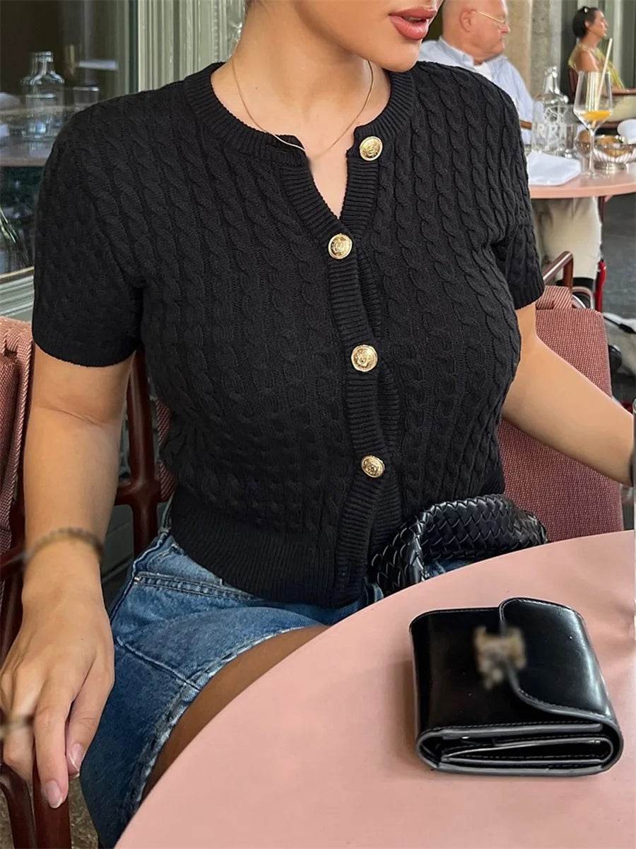 Women's Cable Knit Cardigan Solid Color Round Neck Short Sleeve Button-front Closure Crop Sweaters - AIAZ