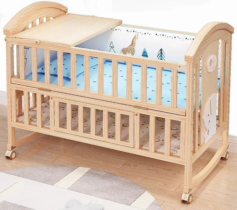 Baby Crib Multifunctional BB Baby Crib Solid Wood Unpainted Cradle Bed Movable Newborn Children Splicing Large Bed