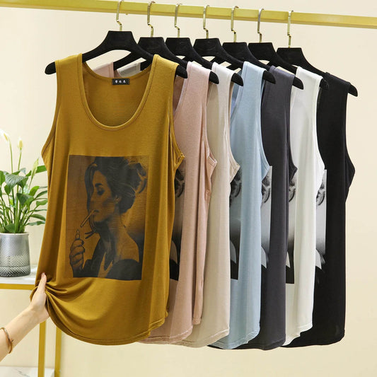 Women Long Tank Tops O-Neck Fashion Print Beauty's Head Casual Loose sleeveless T-shirt streetwear camis tops - AIAZ