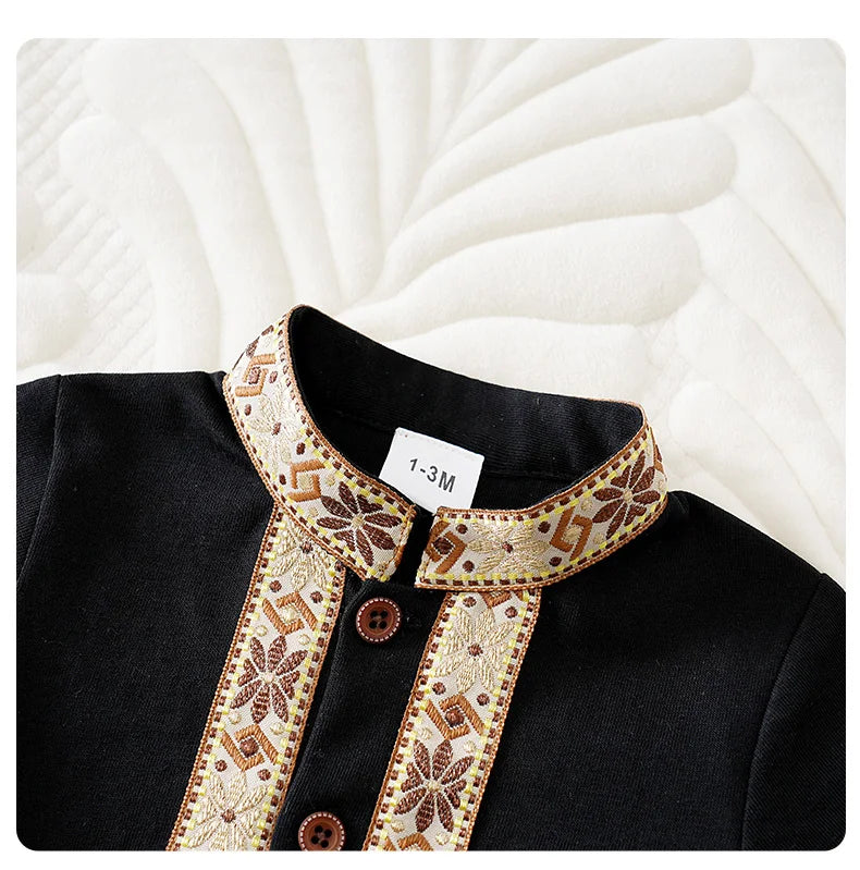 Ethnic Retro Lace Black Design 100% Cotton Soft&Comfortable 2025Newborn Summer0-18Months Boys and Girls Baby Short-Sleeve Romper