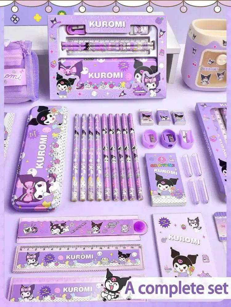 Sanrio Kuromi Stationery Set Cartoon Pencils Erasers Rulers Study Essentials School Supplies for Students Cute Desk Organizer - AIAZ