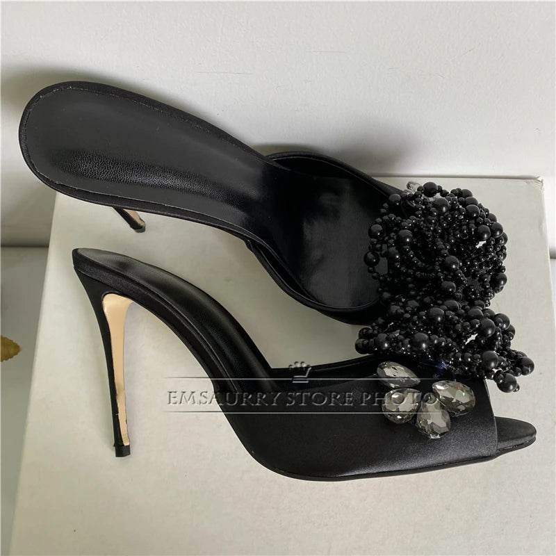 Crystal Beads Flower Decor Sandals Women 10cm Stiletto Heel Slingbacks Luxury Satin Summer Mules For Girls - AIAZ