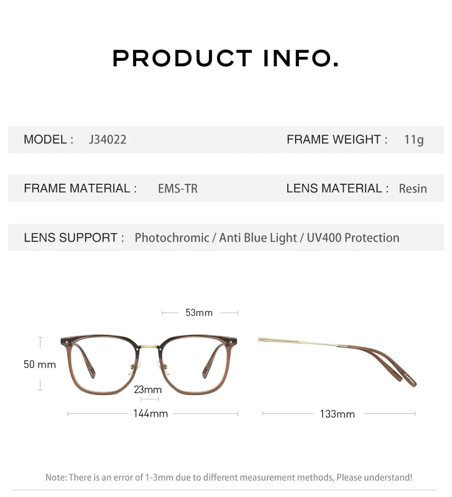 CAPONI Prescription Glasses Women Myopia Retro Light Weight Computer Anti Blue Light Glasses Photochromic Eyes Glasses PJ34022