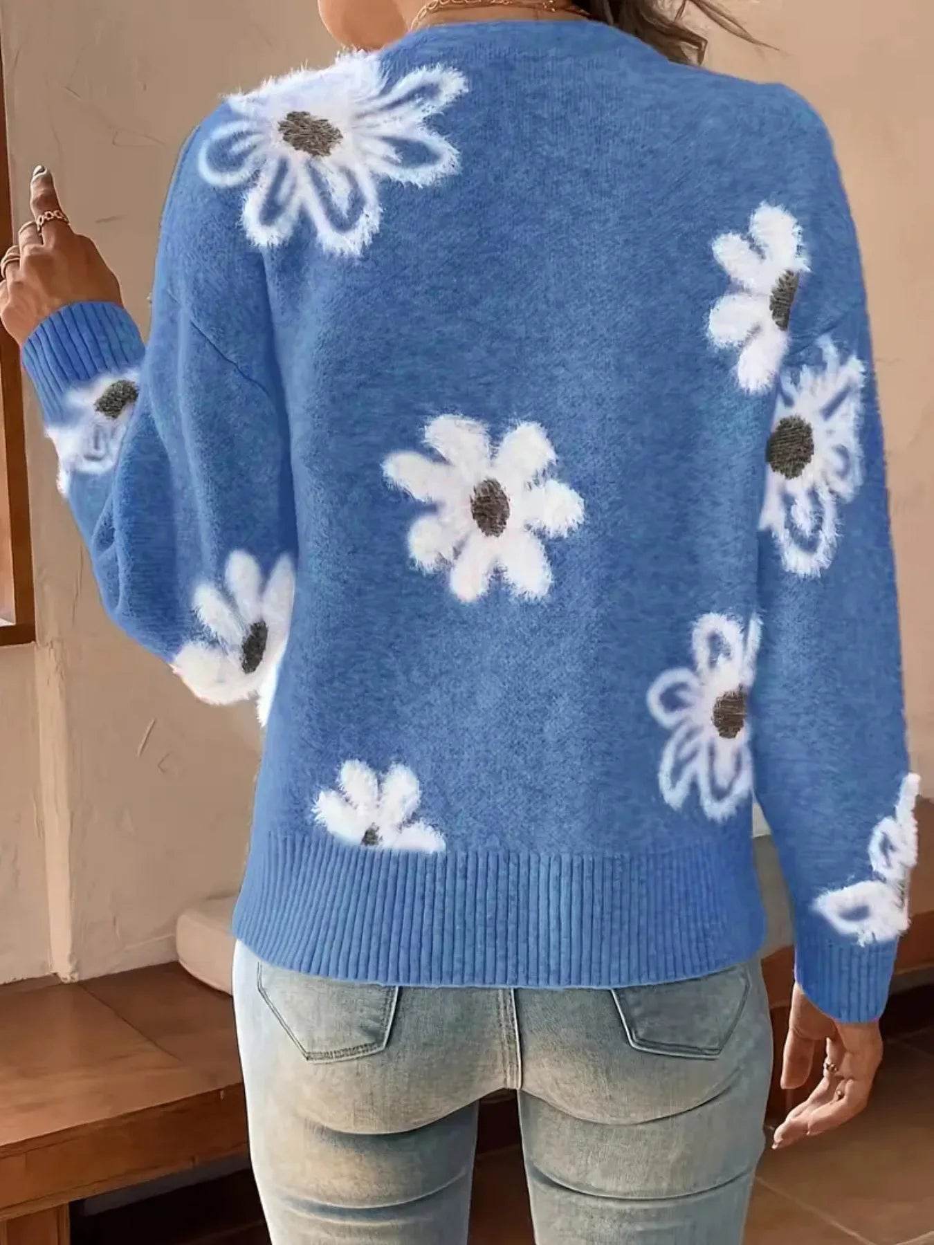 Women's Cardigan Floral Pattern Casual Knit Sweater Elegant Cute Single Breasted Long Sleeve V-Neck Spring Autumn Outwear - AIAZ