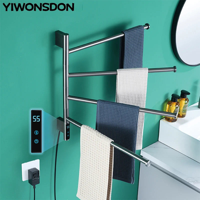 Rotatable Bathroom Electric Heated Carbon Fiber Towel Rail Warmer Digital Display Temperature Time Control Smart Home Bar Dryer