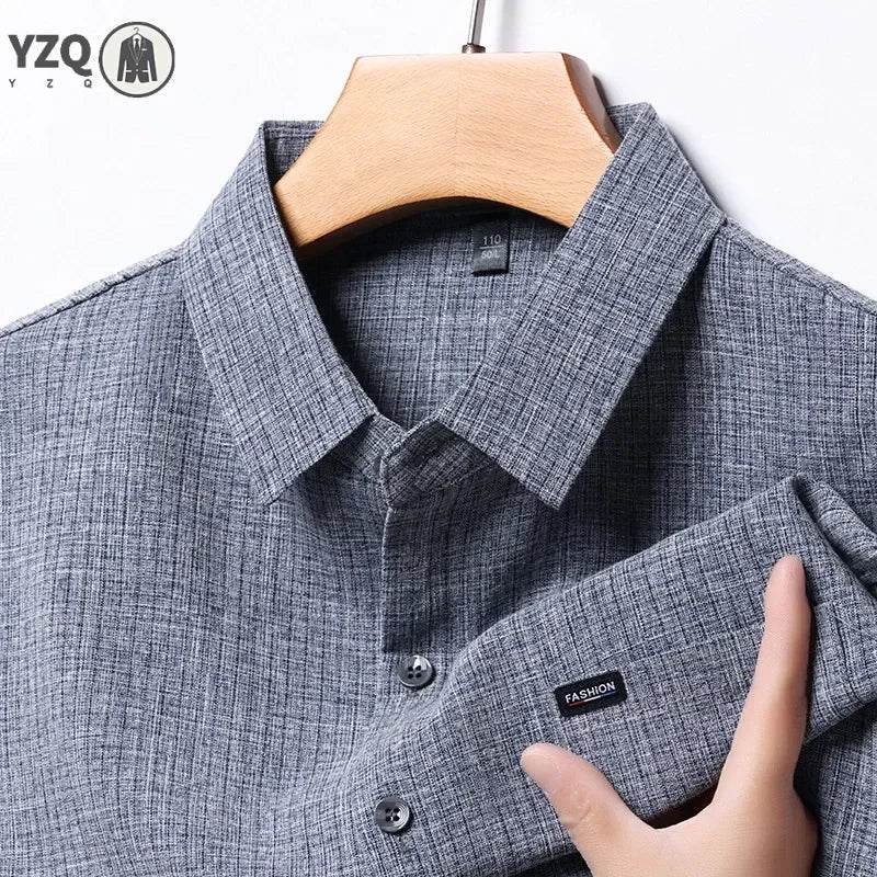 2025 Men's Business Casual Plaid Linen Short Sleeved Shirt Comfortable Top - AIAZ