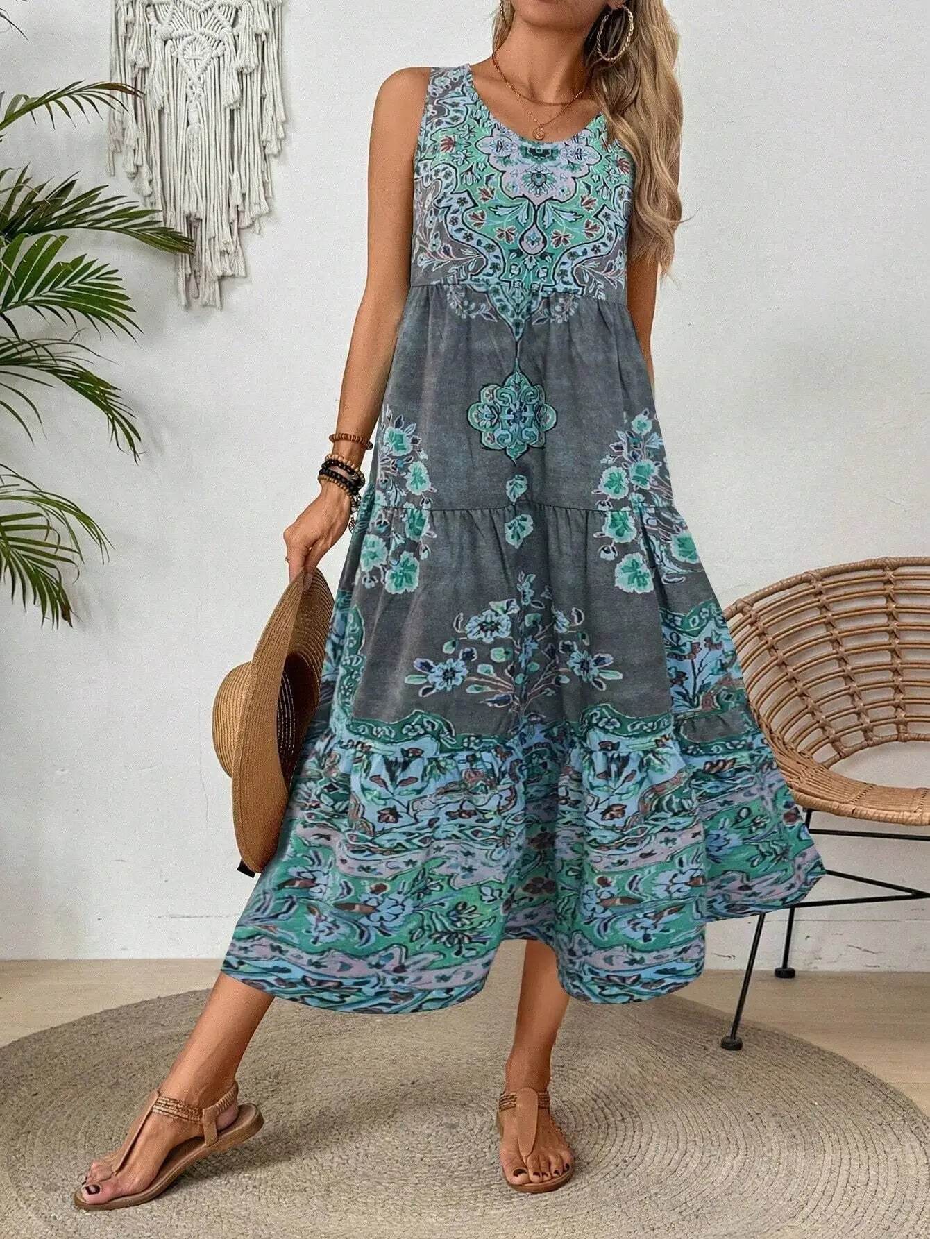 Women Vintage Print Sleeveless O-neck Vest Long Dresses 2025 Summer Fashion New Beach Vacation A-line Dress Woman Loose Dress - AIAZ