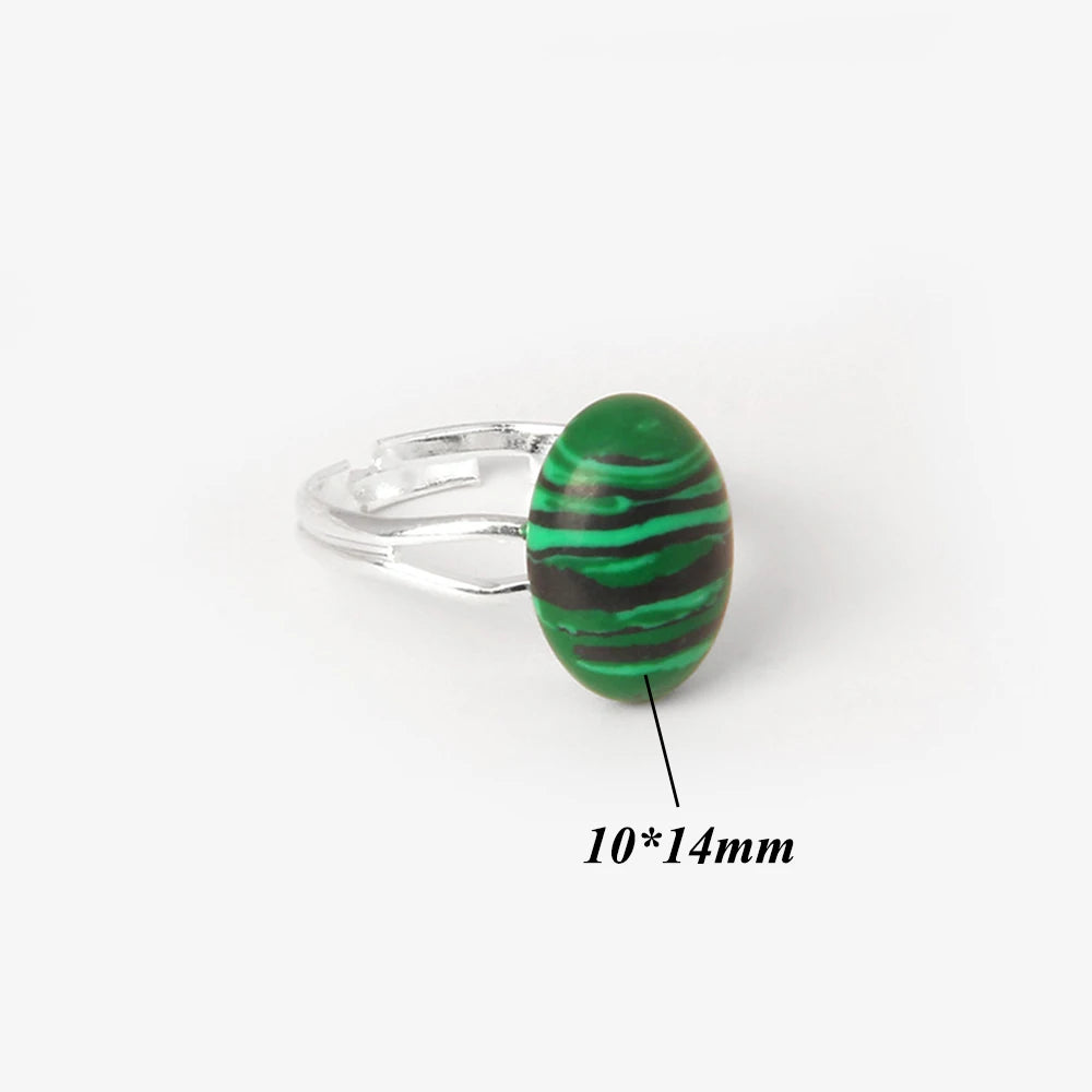 Cabochon Natural Stone Ring 10*14MM Oval Agates Turquois Quartzs Gem Finger Ring Silver Color Adjustable Open Rings Jewelry Gift