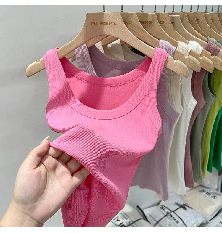 Women Solid Round Neck Ribbed Tank Top Camisole Women 2025 Summer Basic Elastic Tank Top O Neck Solid Tank Top - AIAZ