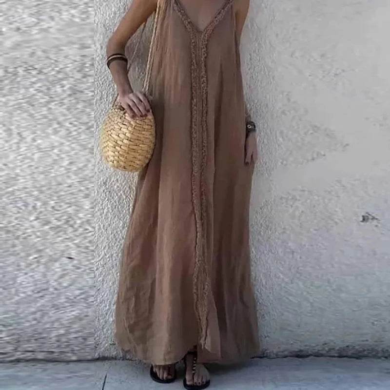 Woman Sexy V Neck Tassel Long Dresses Spring Solid Loose Boho Suspender Dress New Summer Sleeveless Vacation Maxi Dress Vestidos - AIAZ