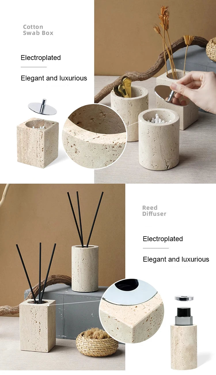 Beige Travertine Bathroom Accessories Set Natural Marble Soap Dispenser Soap Dish Reed Diffuser Vanity Tray Bathroom Set