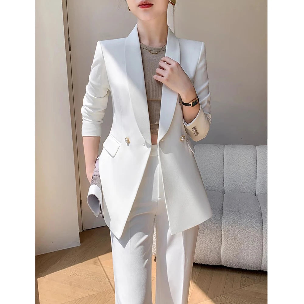 Solid White Suit Women 2025 New Spring Autumn Flares Pants High-Grade Slimming Business Clothing Sets Formal Suits Overalls