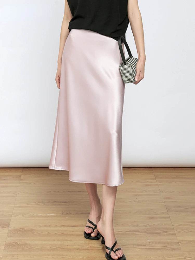 High Waisted Satin Long Skirts for Women Spring/Summer New 2025 Women's Skirt A-line Fashion Elegant Slim Fit Grey Black Skirt - AIAZ