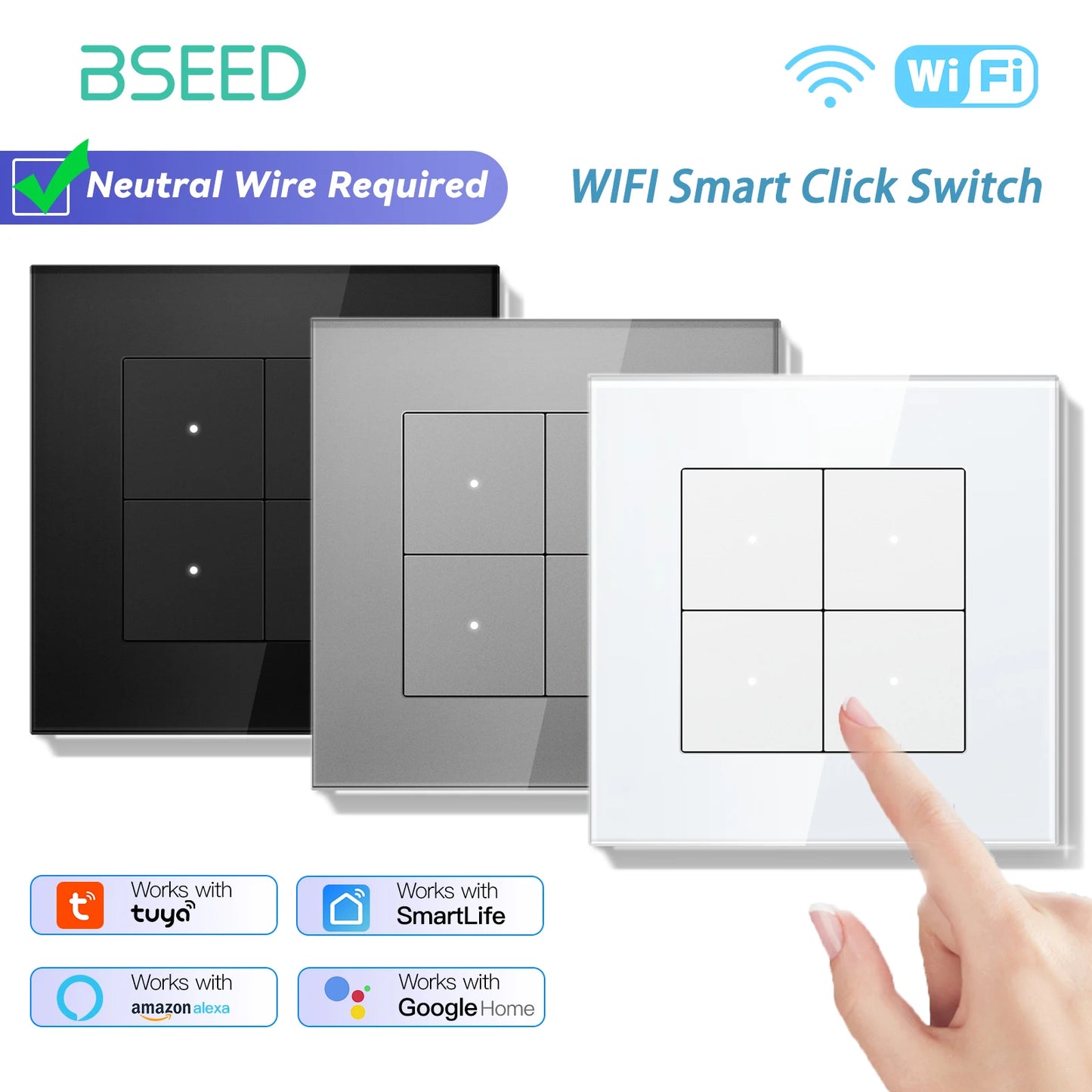 BSEED 1/2/3/4Gang 2Way WIFI Light Switch Smart Click Button Switch Glass Panel LED Indicator Support Tuya Smart Life Google Home