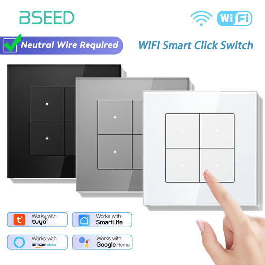 BSEED 1/2/3/4Gang 2Way WIFI Light Switch Smart Click Button Switch Glass Panel LED Indicator Support Tuya Smart Life Google Home