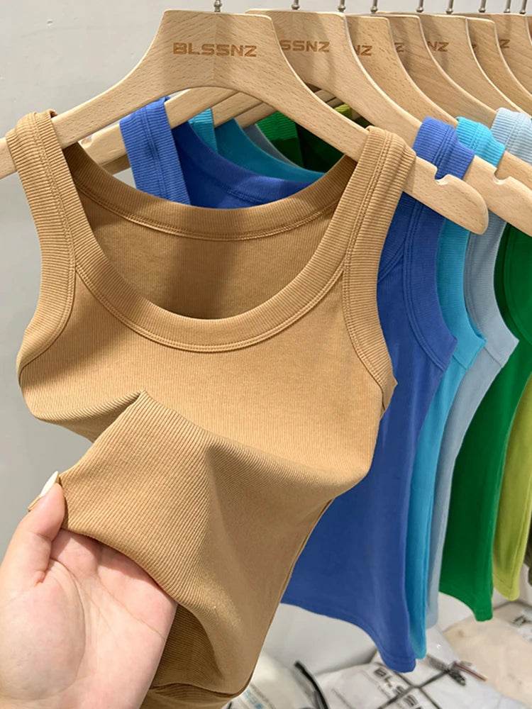 Women Solid Round Neck Ribbed Tank Top Camisole Women 2025 Summer Basic Elastic Tank Top O Neck Solid Tank Top - AIAZ