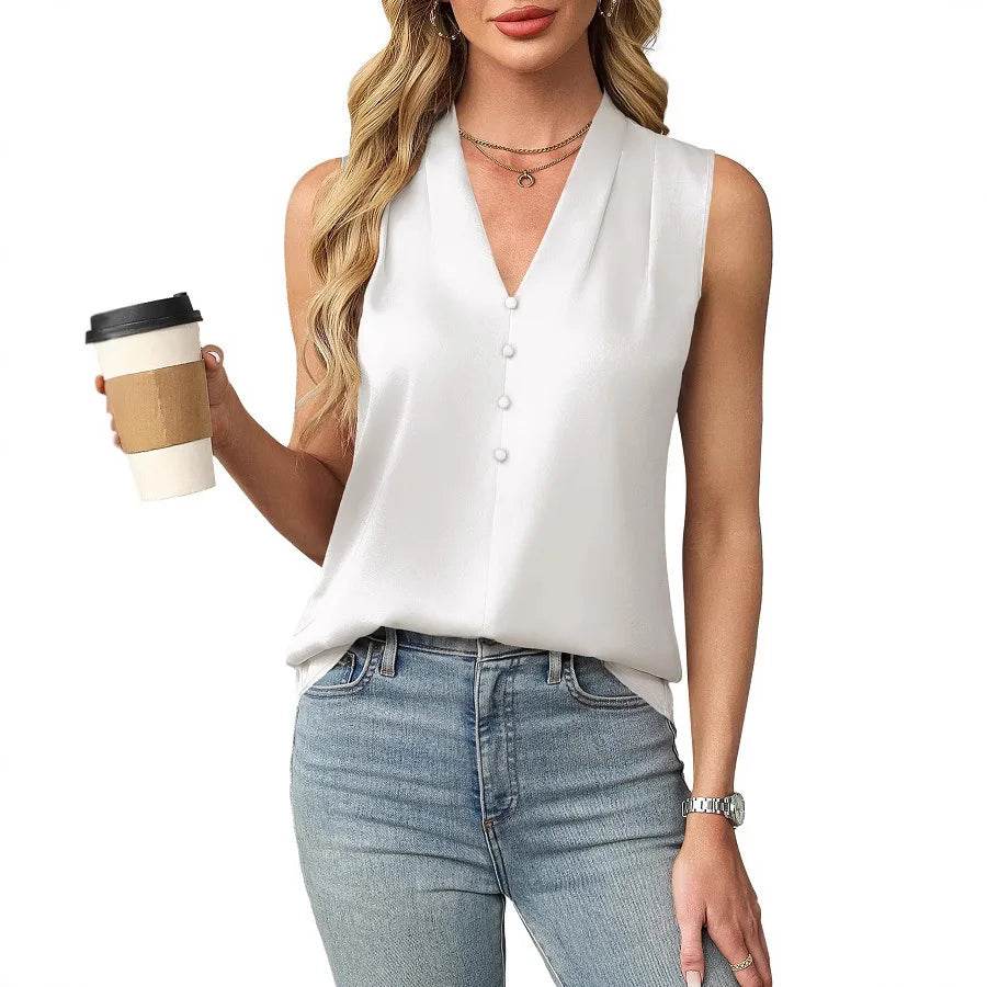 2025 Women's Blouses Summer Fashion Elegant Temperament Satin Work Tank Shirts Casual Button V-Neck Sleeveless Vest Black Tops - AIAZ