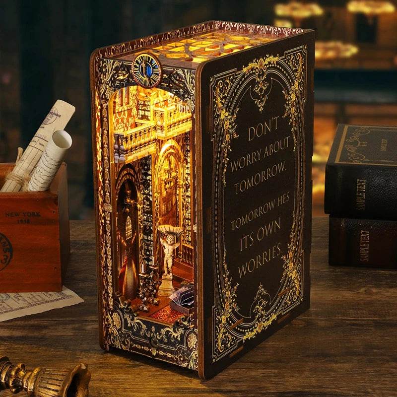 DIY Book Nook Shelf Insert Kit 3D Wooden Puzzle Doll House Assembly Building Model Bookends With Furniture LED Light Xmas Gifts - AIAZ