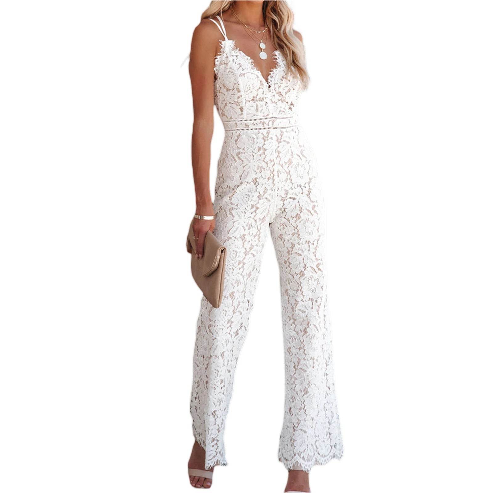 Women Fashion Elegant Lace Jumpsuits Spaghetti Strap V Neck Wide Leg Romper Ladies Summer Sexy Casual Retro Streetwear - AIAZ