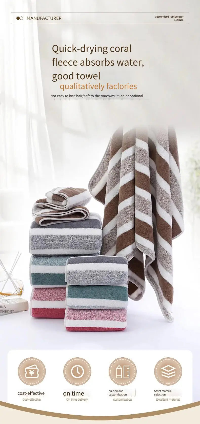 2PCS Thickened Absorbent Bath Towel Striped Pattern Towel Set Soft Face Towel for Home Bathroom Spa Quick Drying Microfiber