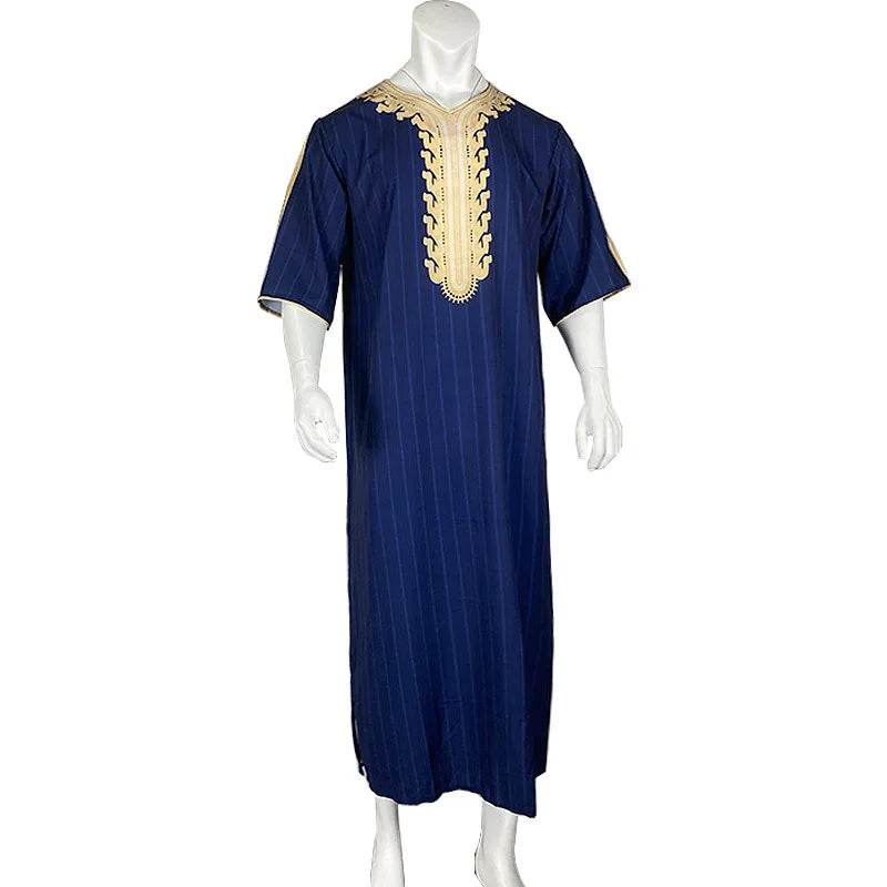 Men Muslim Summer Fashion Loose Robe Islam Kaftan Men Clothing Dubai Luxury Muslim Abaya Muslim V-neck Short Sleeve Printing - AIAZ