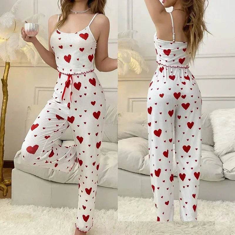 Women Sleepwear Autumn Winter Pajamas Sets Heart Print Sleeveless Cami Vest with Long Pants Trouser Set Sexy Lingerie Pyjamas - AIAZ