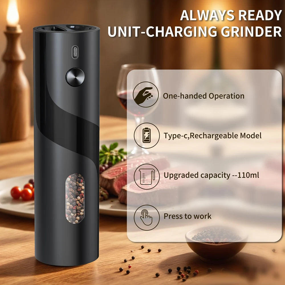 110ml Rechargeable Electric Salt and Pepper Grinder Shakers USB Automatic Djustable Coarseness Spice Mills for Kitchen Gadgets