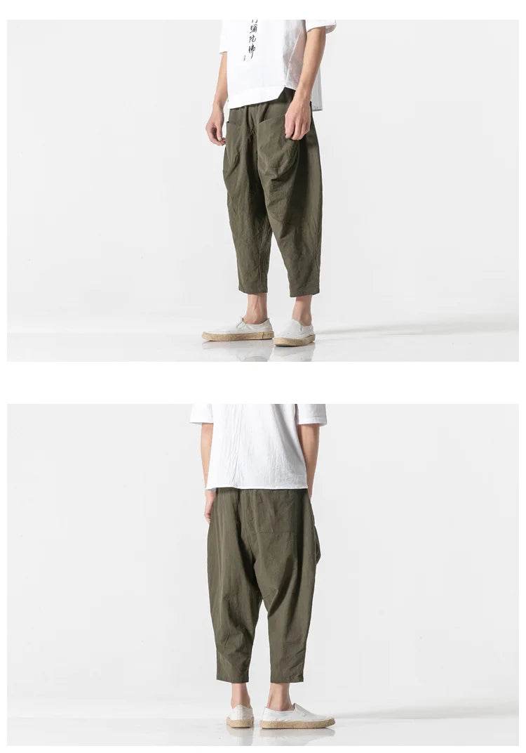 2025 Men Linen Pants Mens Wide Crotch Harem Pants Man Chinese Style Ankle-Length Pants Male Wide-Legged Bloomers Trousers - AIAZ