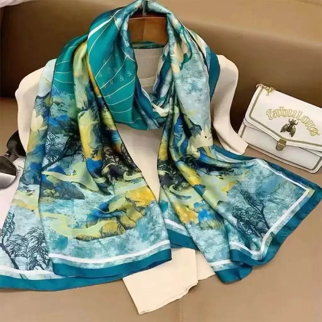 New Summer Women's Silk Scarf Sun Protection Satin Print Extra Long Beach Cover Up Decorative Mom's Shawl Fashionable Accessory - AIAZ