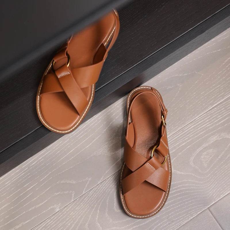 Sandals Woman 2025 New Spring Summer Fashion Comfortable Genuine Leather Flat Elegant Shoes for Women Casual Beach Shoe - AIAZ