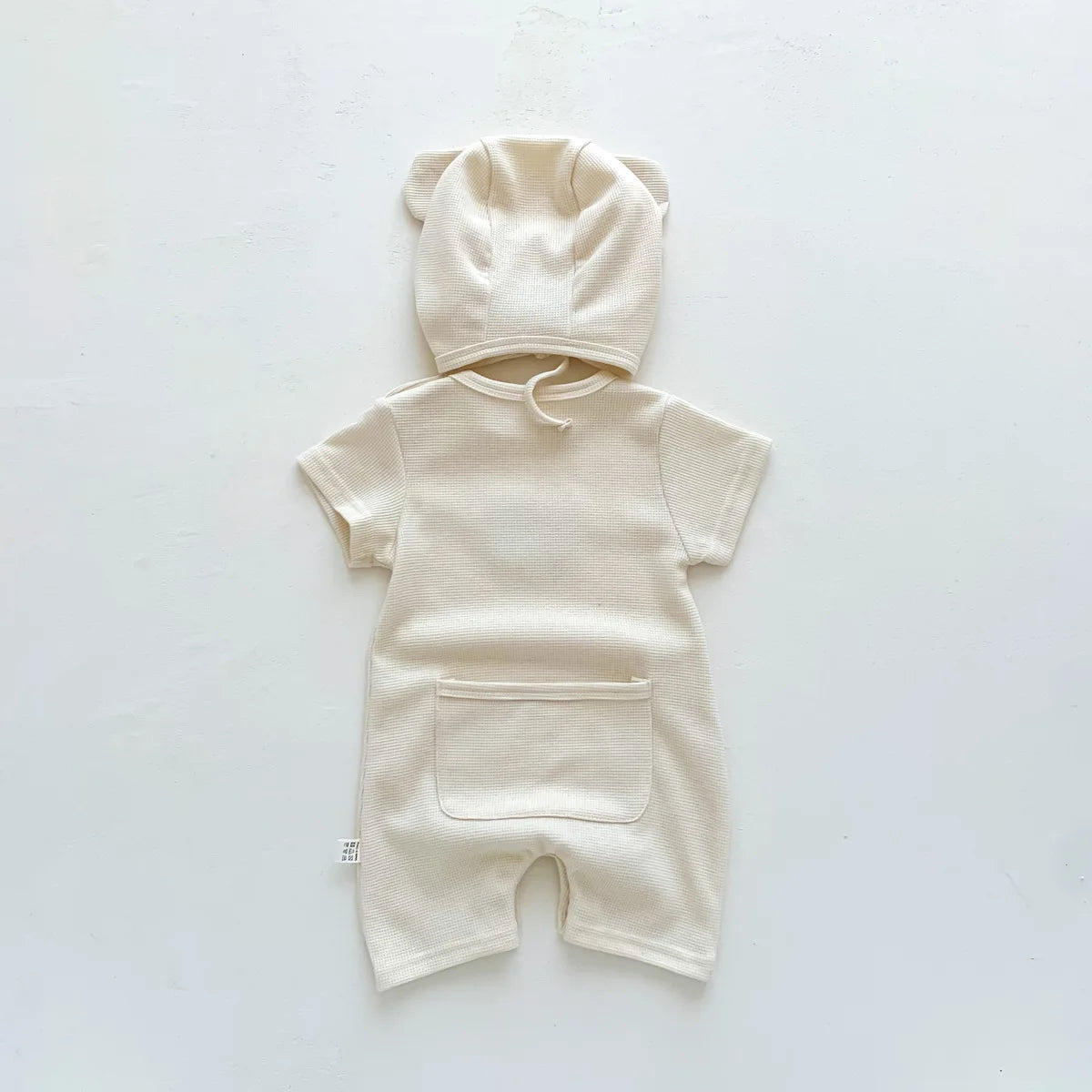 New In Summer Kids Baby Girls Boys Short Sleeve Waffle Patch Bear Infant Newborn Jumpsuits Cotton Romper Gift Hat with Ear