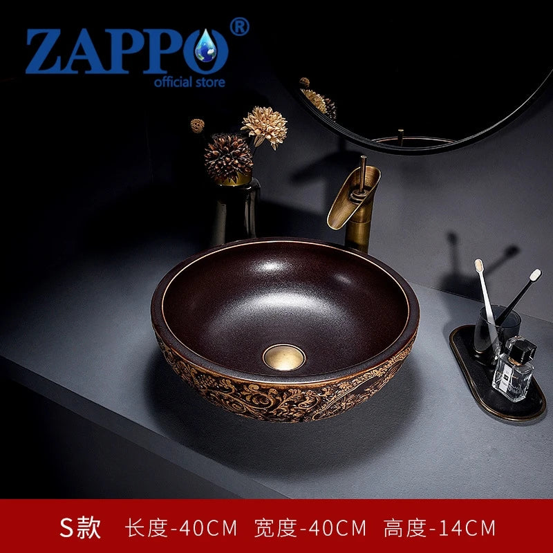 ZAPPO Round Vessel Sink with Faucet Drain JinDezhen Ceramic Vessel Sinks Oval Bathroom Sink Bowl Above Counter with Mixer Tap