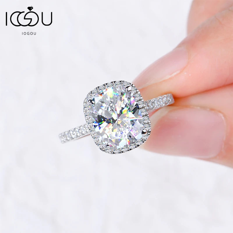 IOGOU Luxury 4ct Moissanite Halo Engagement Ring Certified Cushion Cut Diamond Wedding Rings 925 Sterling Sliver Wedding Jewelry