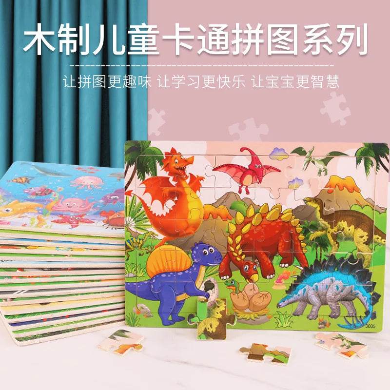 NEW Wooden 30pcs Puzzles Children Animal Dinosaur Cartoon Plane Puzzle Baby Early Education and Intellectual Building Block Toys - AIAZ