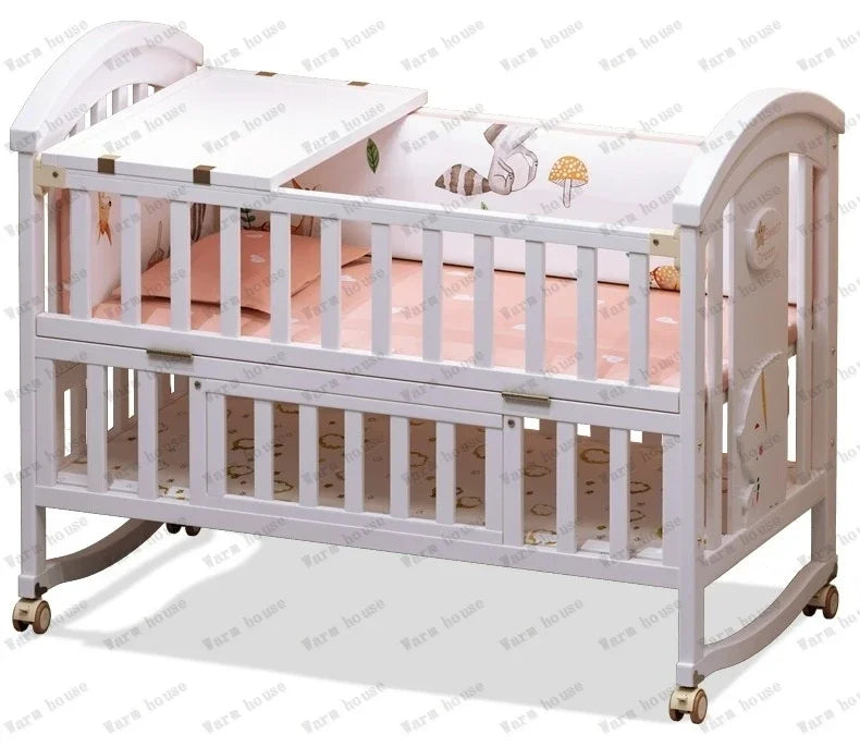 Solid wood spliced crib Multifunctional European style children's bed Movable newborn cradle large bed Baby Rest Chair