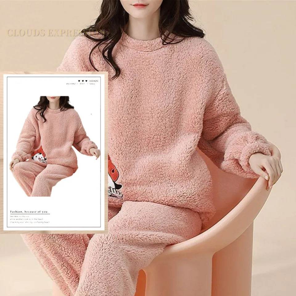 Autumn Winter Flannel Women's Pajamas Sets Polka Dots Printed Teddy Sleepwear Velvet Homewear Kawaii Girsl Pijamas Mujer Pyjama - AIAZ
