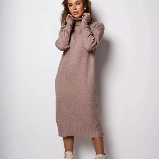 Ribbed Turtleneck Knitted Dress Women Autumn Winter Basic Long Sleeve Sweater Dress Woman Solid Color Long Dresses Female - AIAZ
