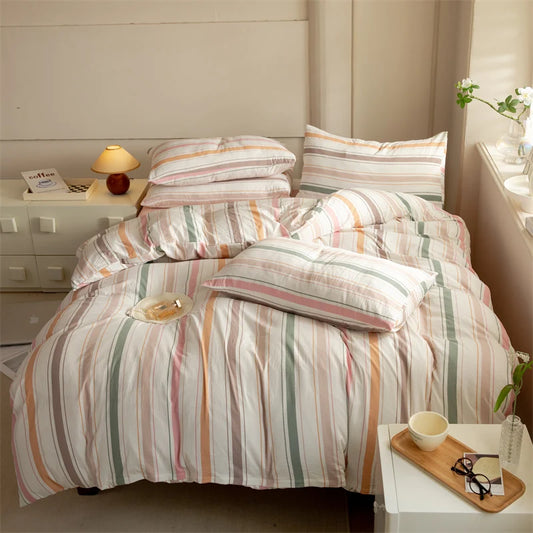 Striped Duvet Cover Set Queen 100% Washed Cotton Bedding Set, Luxury Soft Pink Vertical Ticking Stripes Comforter Cover, (3pcs)