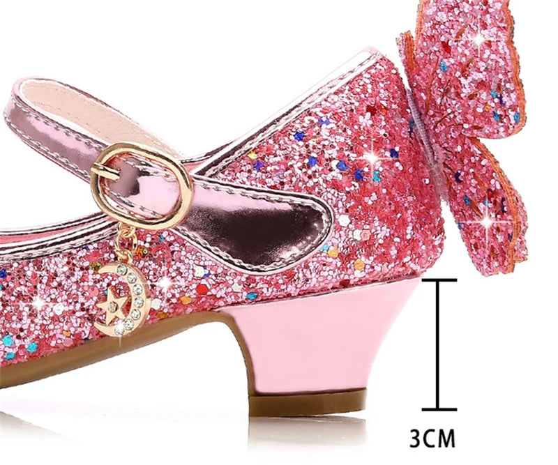Princess Butterfly Leather Shoes Kids Diamond Bowknot High Heel Children Girl Dance Glitter Shoes Fashion Girls Party Dance Shoe