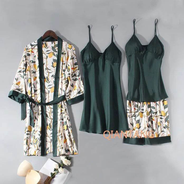 Pajamas Set Women Sleepwear Casual Satin Robe Suit Nightwear Lounge Wear V-neck Soft Pyjamas Kimono Bathrobe Gown Lingerie - AIAZ